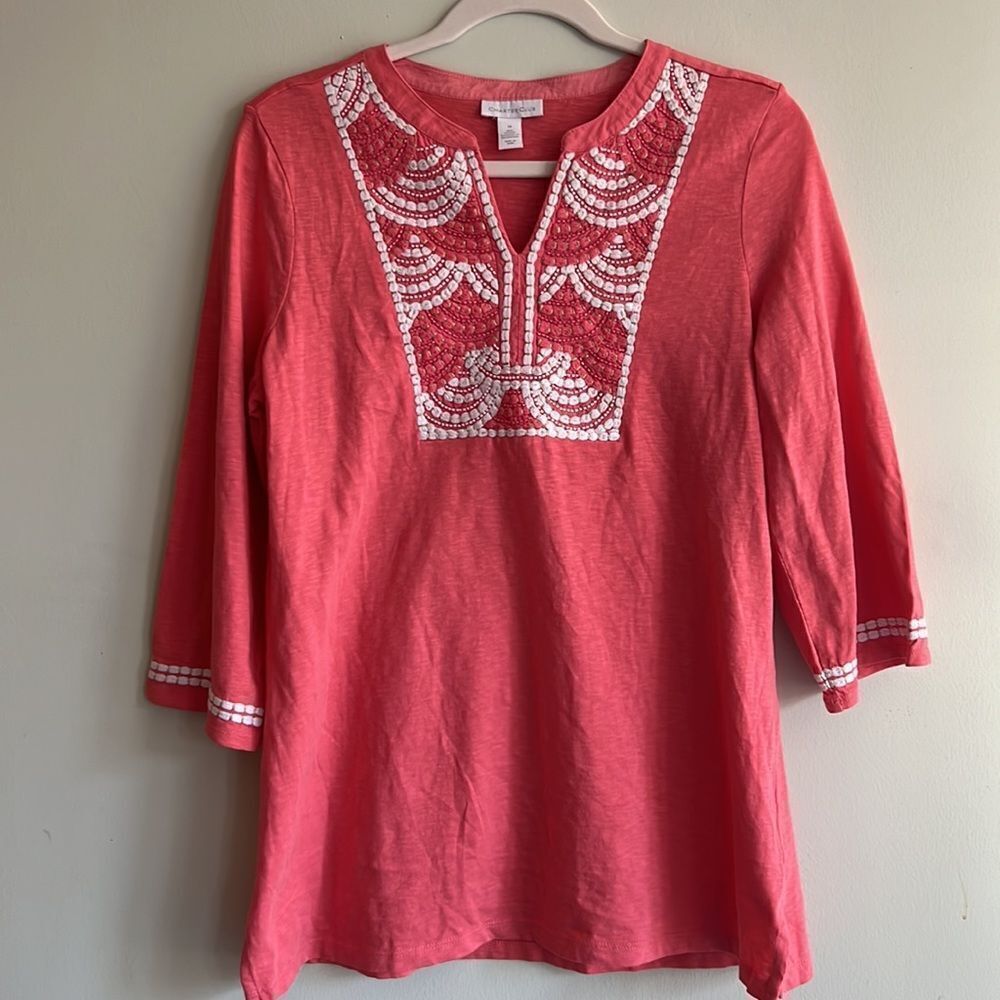 Charter Club Women's Embroidered Beaded Slub Knit Coral Tunic Size Medium